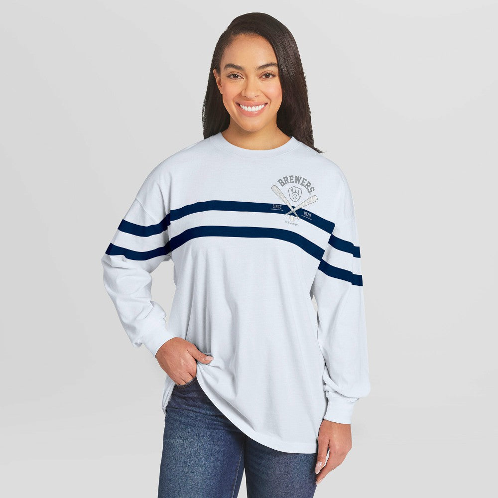 Milwaukee Brewers WEAR by Erin Andrews Women's Oversized Long Sleeve Striped T-Shirt Near Me