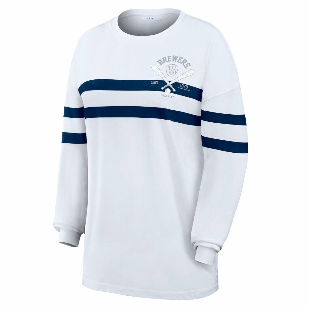 Milwaukee Brewers WEAR by Erin Andrews Women's Oversized Long Sleeve Striped T-Shirt Near Me