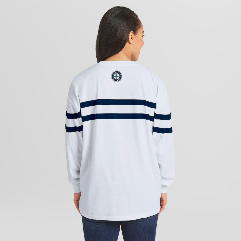 Seattle Mariners WEAR by Erin Andrews Women's Oversized Long Sleeve Striped T-Shirt Outlet