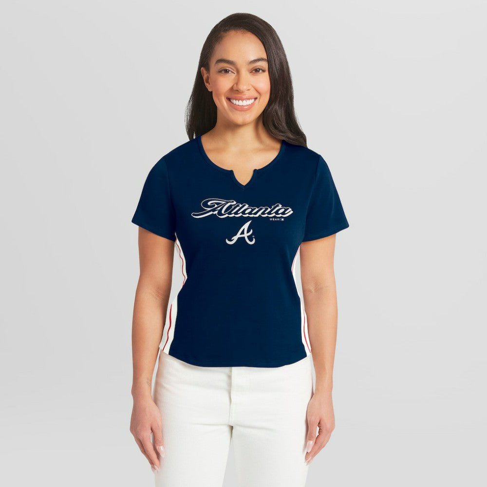 Atlanta Braves WEAR by Erin Andrews Women's Notch Neck Cropped T-Shirt Discount