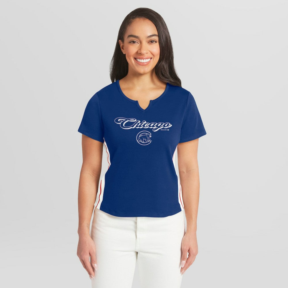Chicago Cubs WEAR by Erin Andrews Women's Notch Neck Cropped T-Shirt Discount