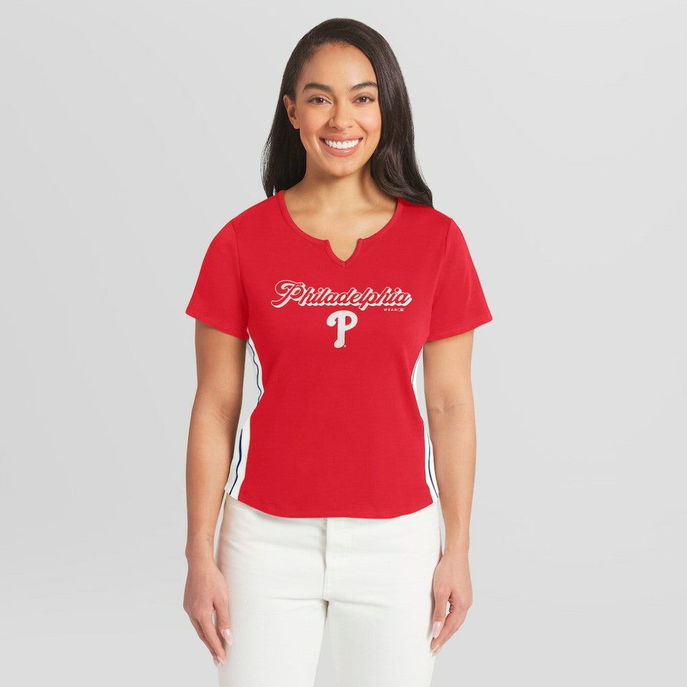 Philadelphia Phillies WEAR by Erin Andrews Women's Notch Neck Cropped T-Shirt Near Me