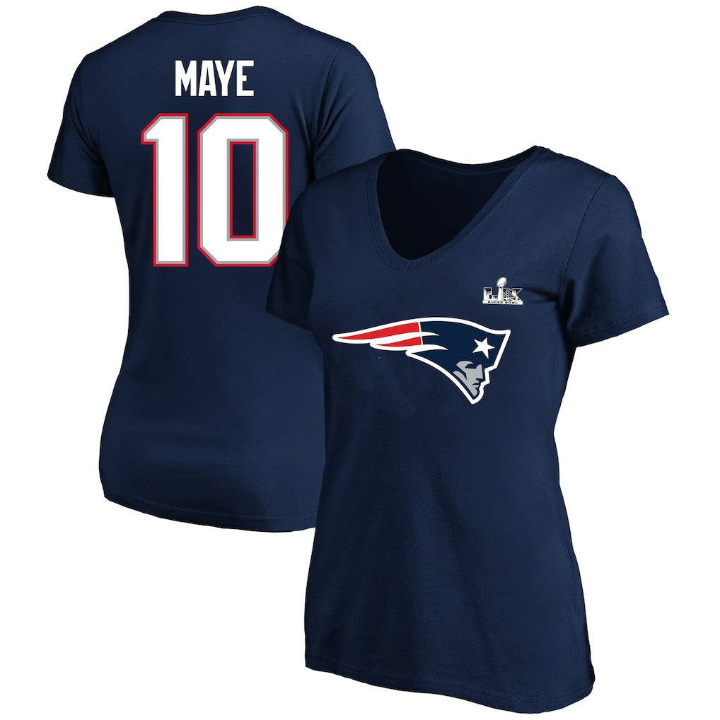 Drake Maye New England Patriots Women's Super Bowl LX Patch Plus Size Name & Number V-Neck T-Shirt - Navy - Fanatics