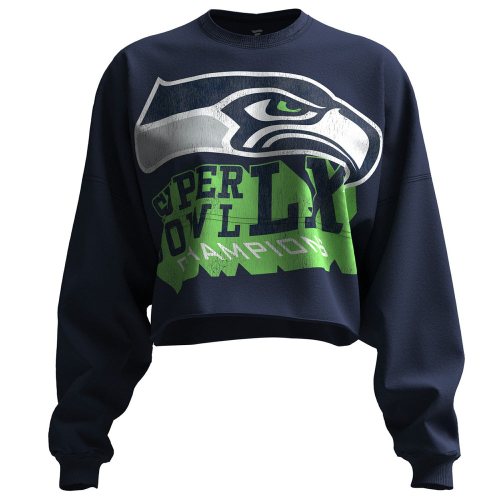 Seattle Seahawks Spirit Jersey Women's Super Bowl LX Champions Cropped Long Sleeve T-Shirt - College Navy - NFL