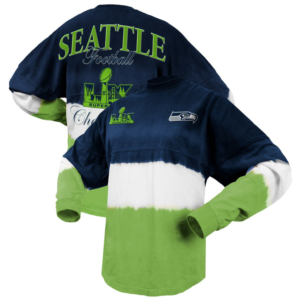 Seattle Seahawks Spirit Jersey Women's Super Bowl LX Champions Horizontal Ombre Long Sleeve T-Shirt - College Navy/Neon Green - NFL