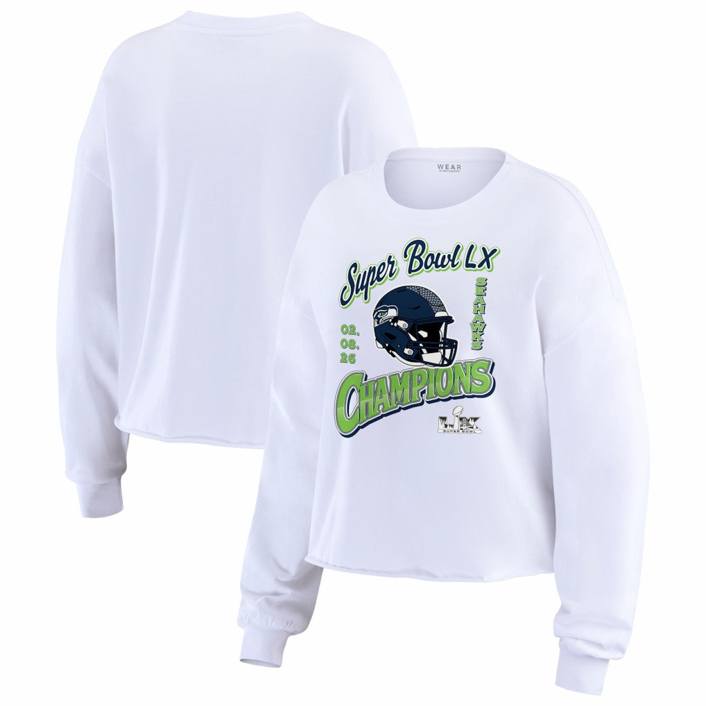 Seattle Seahawks WEAR by Erin Andrews Women's Super Bowl LX Champions Cropped Long Sleeve T-Shirt - White - NFL