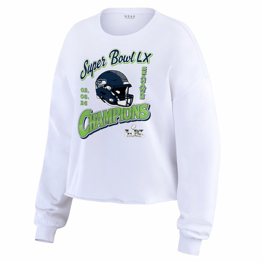 Seattle Seahawks WEAR by Erin Andrews Women's Super Bowl LX Champions Cropped Long Sleeve T-Shirt - White - NFL
