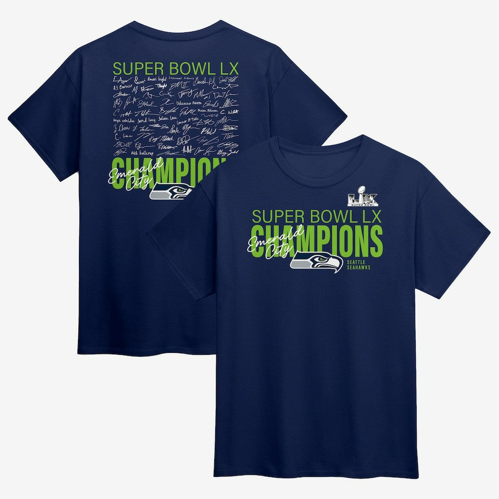 Seattle Seahawks Super Bowl LX Champions Big & Tall Autograph Signing Roster T-Shirt - College Navy - Fanatics