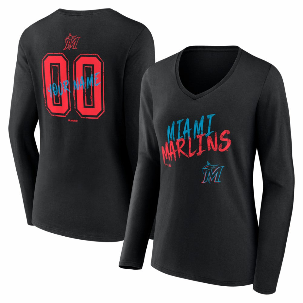 Miami Marlins Women's Hustle Personalized Name & Number Long Sleeve V-Neck T-Shirt Discount