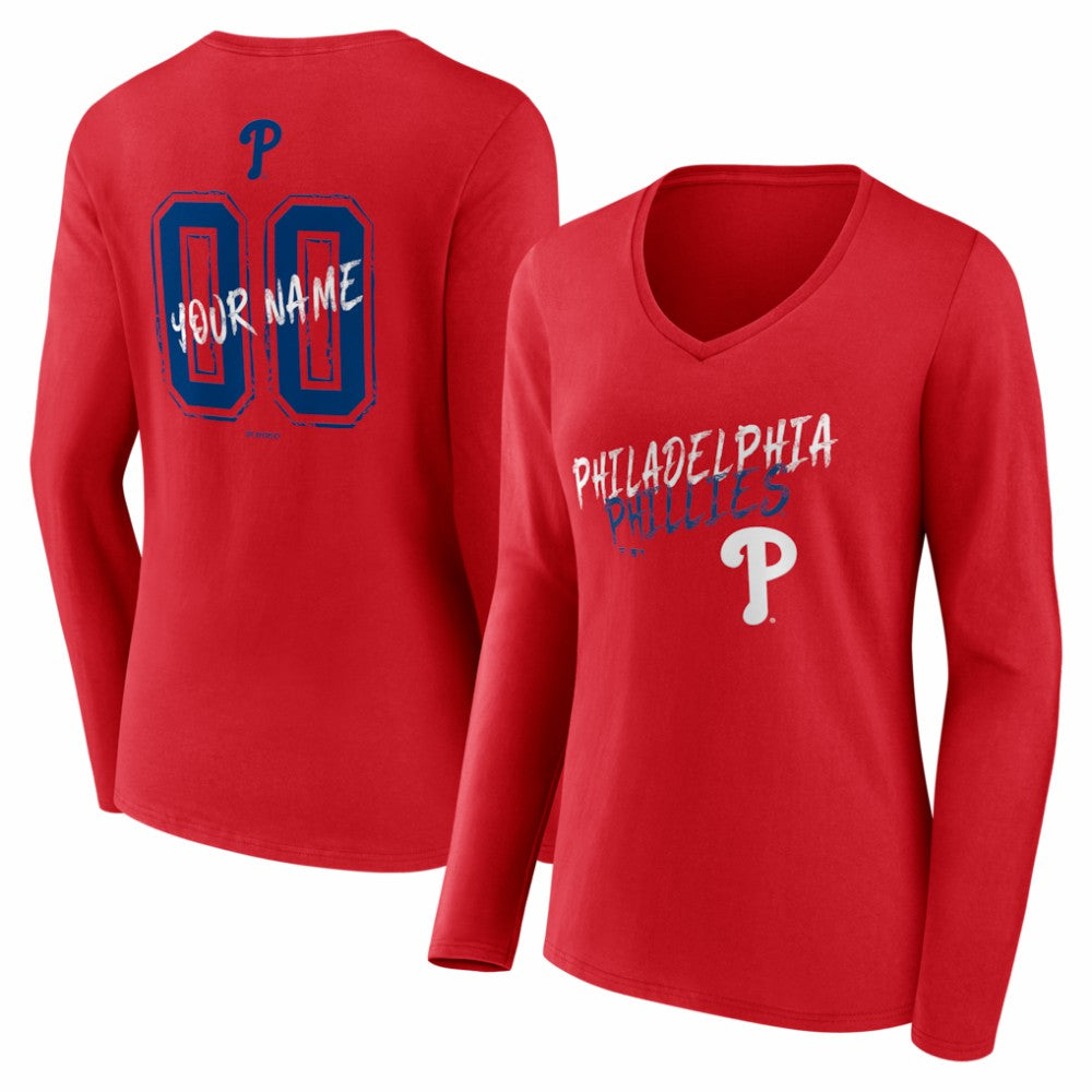Philadelphia Phillies Women's Hustle Personalized Name & Number Long Sleeve V-Neck T-Shirt Sale
