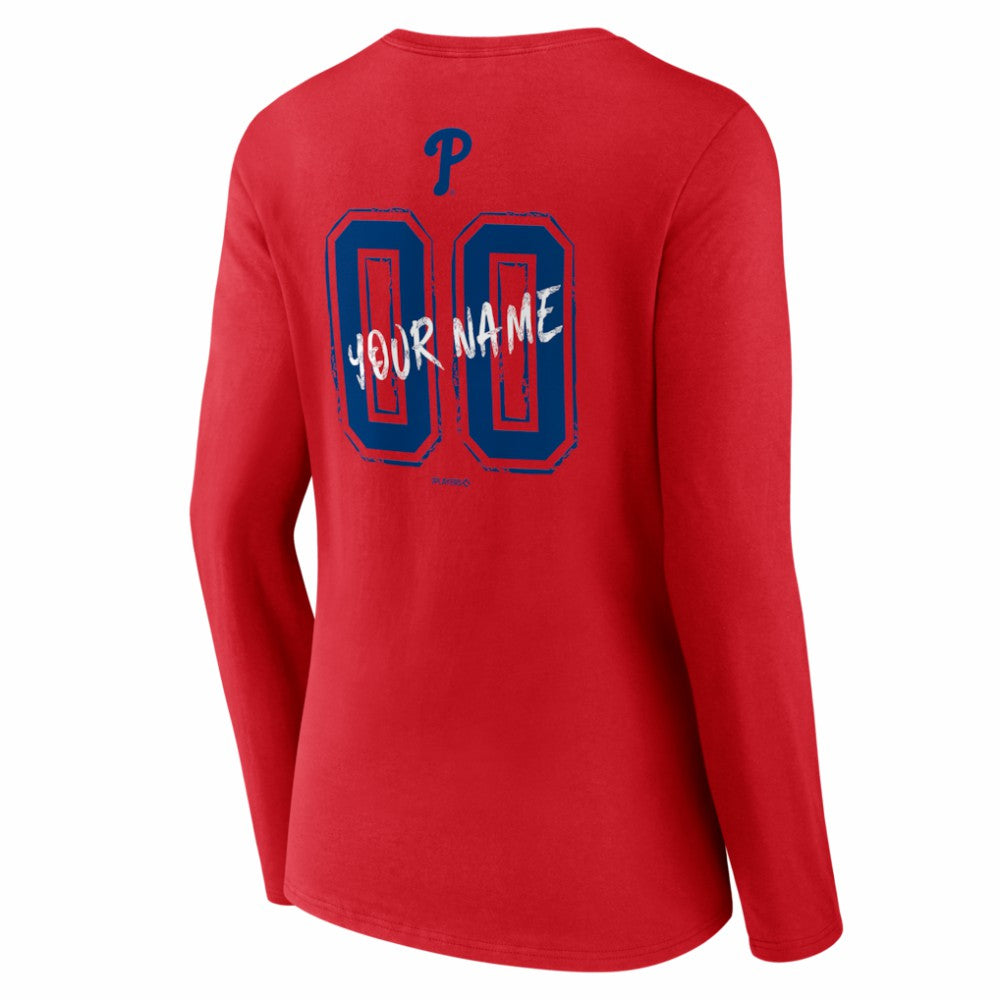 Philadelphia Phillies Women's Hustle Personalized Name & Number Long Sleeve V-Neck T-Shirt Sale
