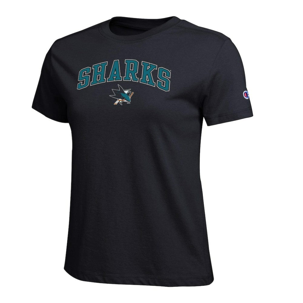 San Jose Sharks Champion Women's Arch Mascot Logo T-Shirt - Black | NHL Lifestyle