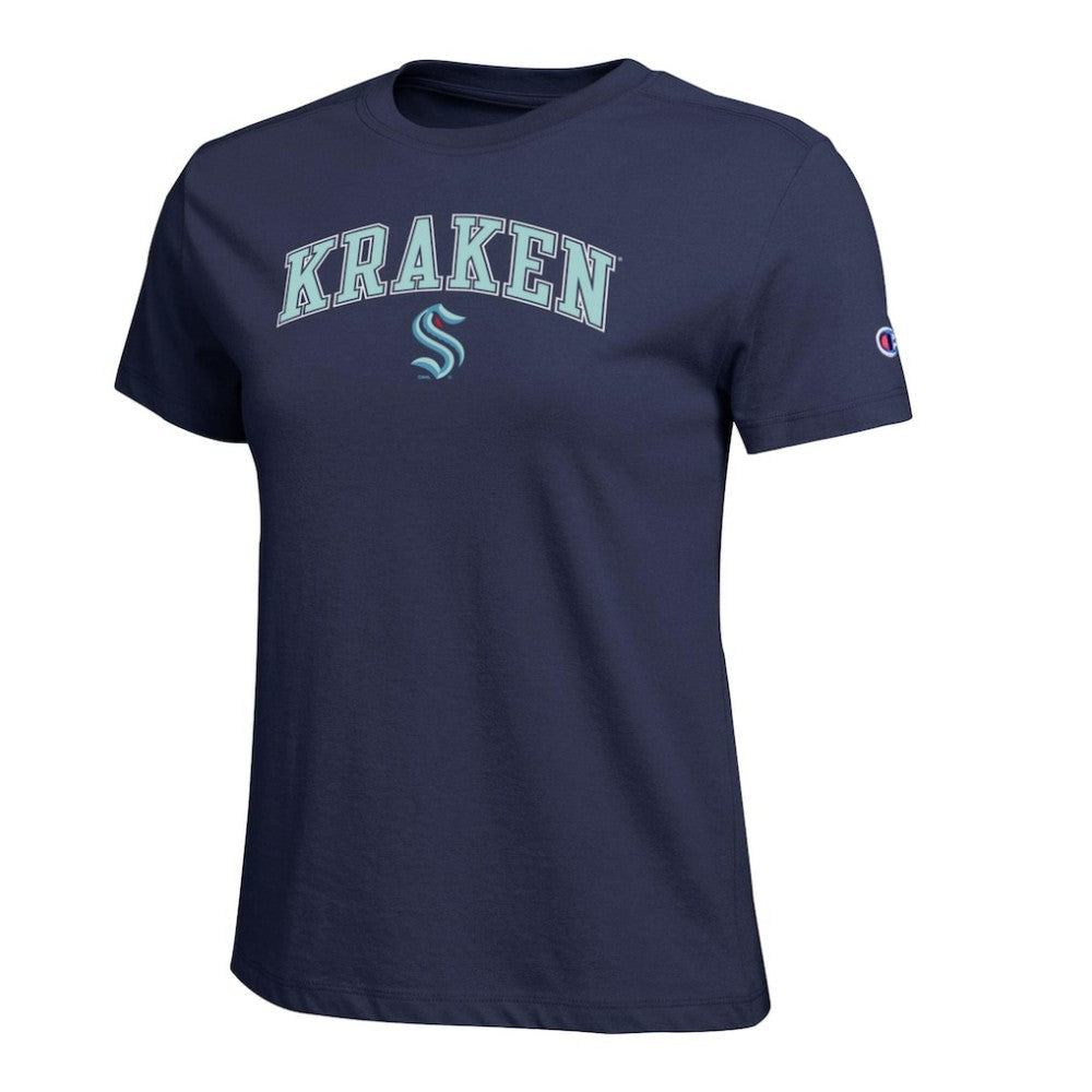 Seattle Kraken Champion Women's Arch Mascot Logo T-Shirt - Navy | NHL discount