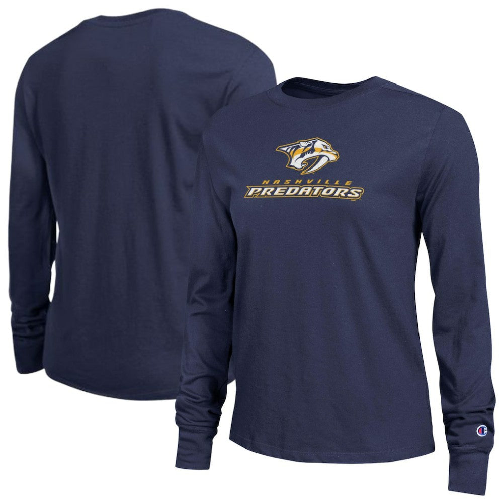 Nashville Predators Champion Women's Wordmark Lockup Long Sleeve T-Shirt - Navy | NHL near me