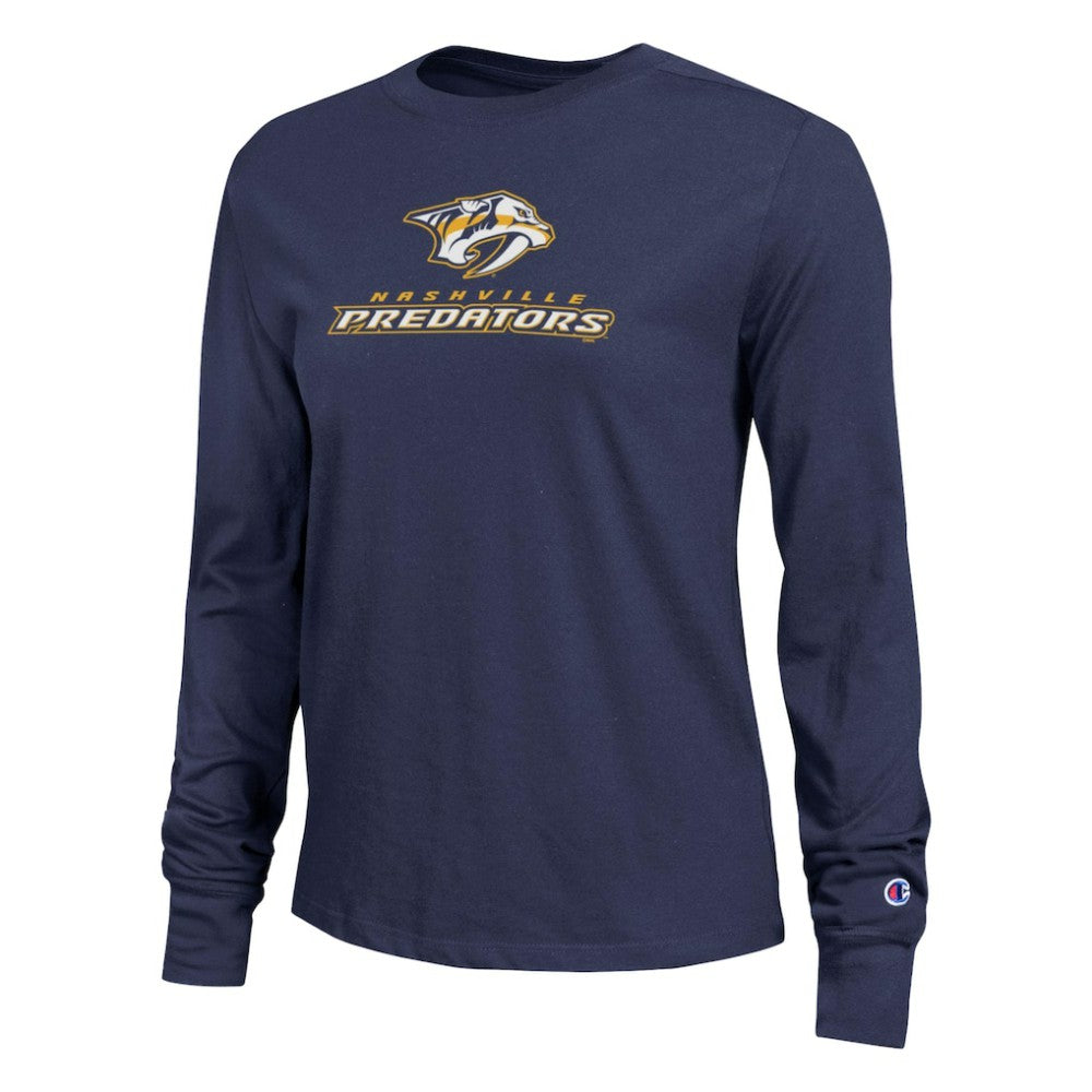 Nashville Predators Champion Women's Wordmark Lockup Long Sleeve T-Shirt - Navy | NHL near me