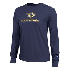 Nashville Predators Champion Women's Wordmark Lockup Long Sleeve T-Shirt - Navy | NHL near me