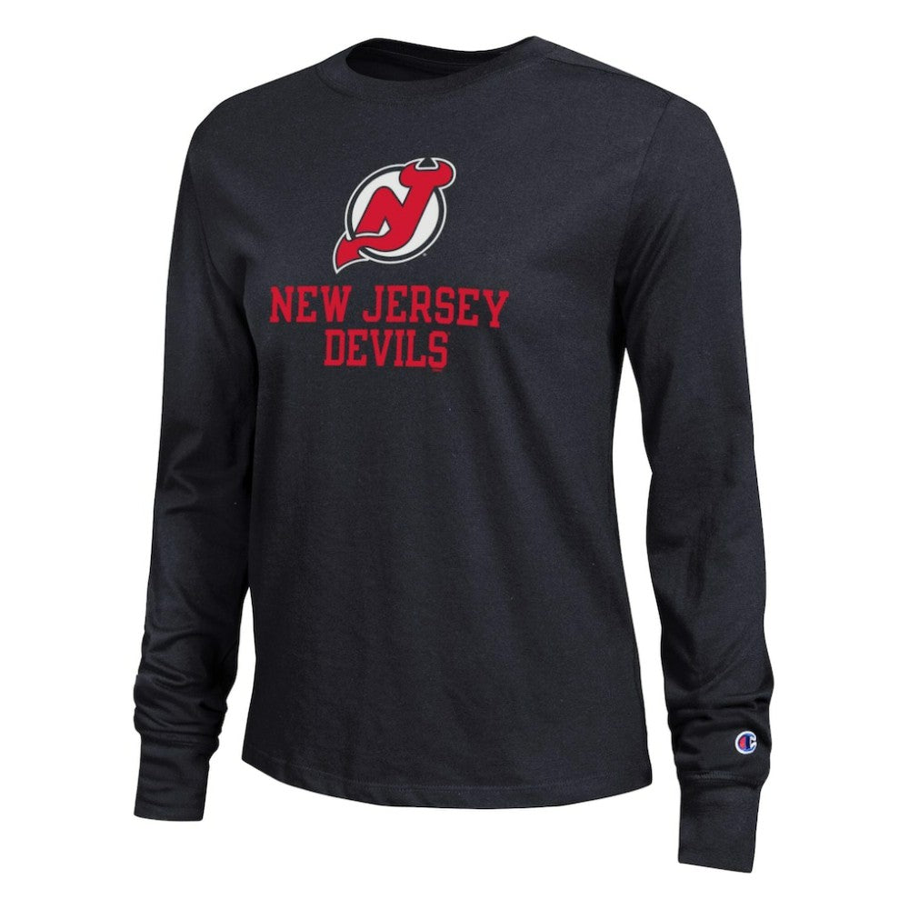 New Jersey Devils Champion Women's Wordmark Lockup Long Sleeve T-Shirt - Black | NHL Clearance