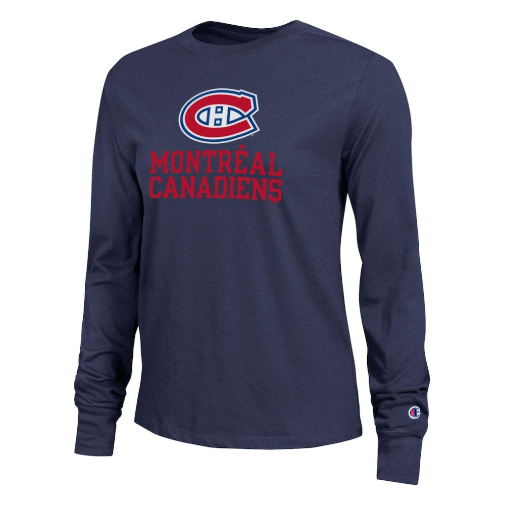 Montreal Canadiens Champion Women's Wordmark Lockup Long Sleeve T-Shirt - Navy | NHL Lifestyle