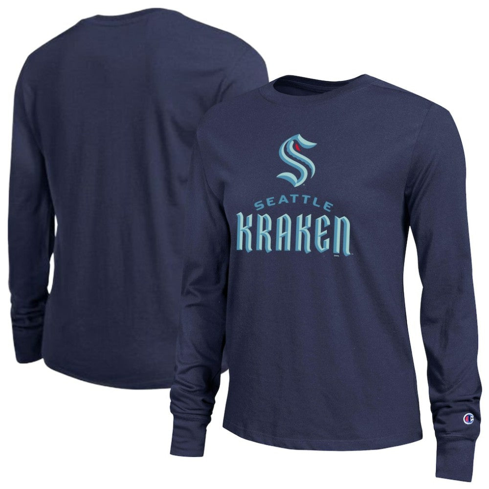 Seattle Kraken Champion Women's Wordmark Lockup Long Sleeve T-Shirt - Navy | NHL Lifestyle