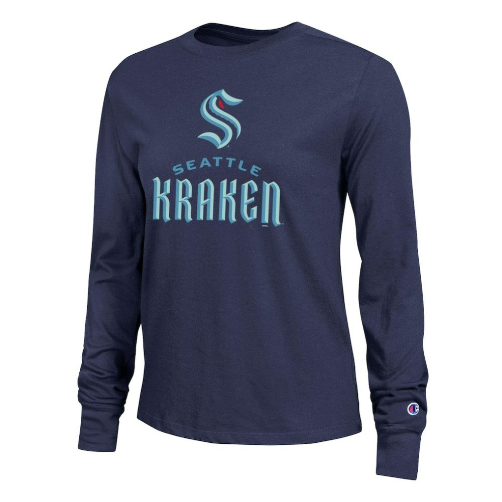 Seattle Kraken Champion Women's Wordmark Lockup Long Sleeve T-Shirt - Navy | NHL Lifestyle