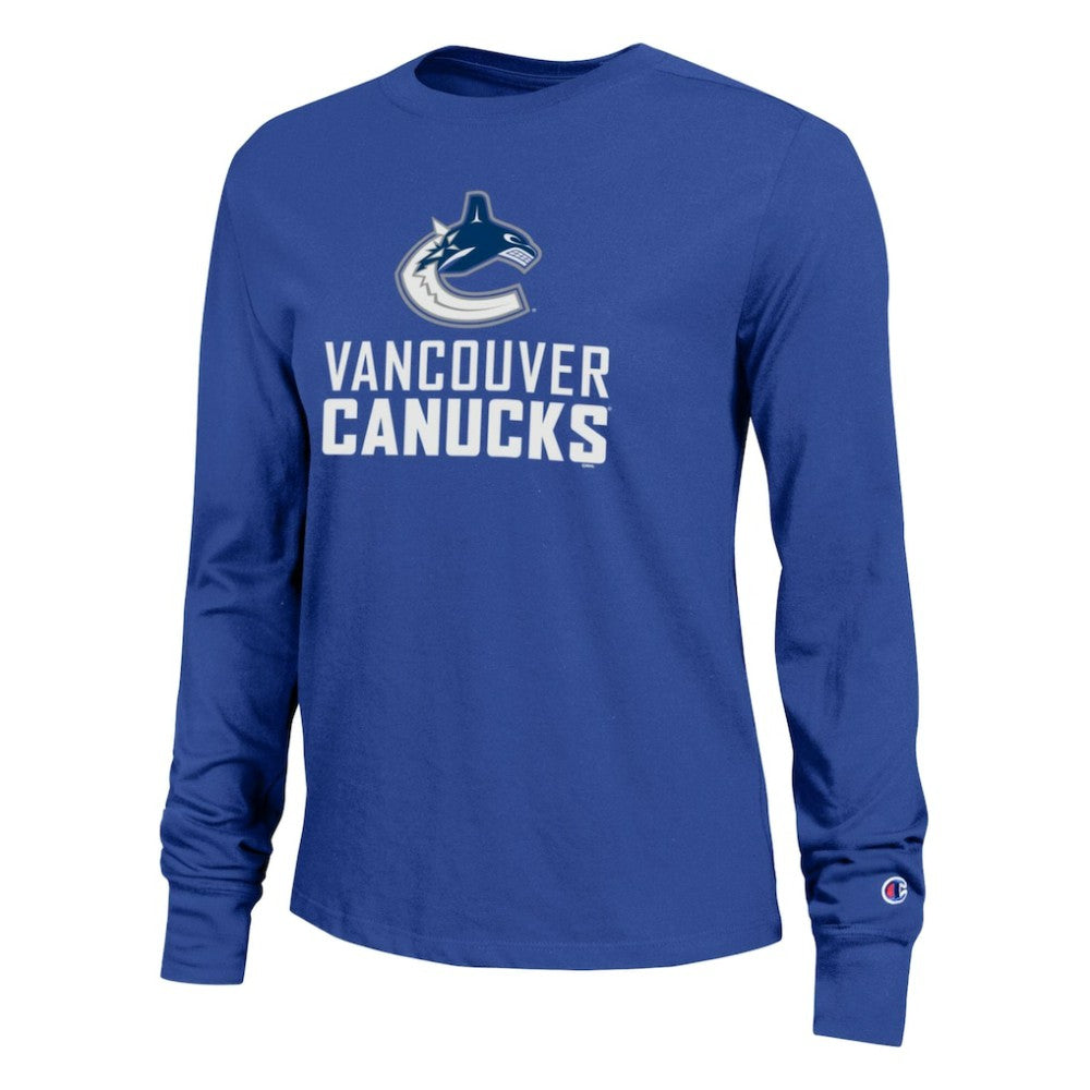 Vancouver Canucks Champion Women's Wordmark Lockup Long Sleeve T-Shirt - Royal | NHL Lifestyle