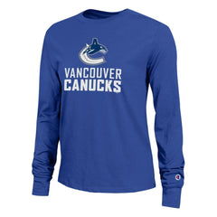 Vancouver Canucks Champion Women's Wordmark Lockup Long Sleeve T-Shirt - Royal | NHL Lifestyle