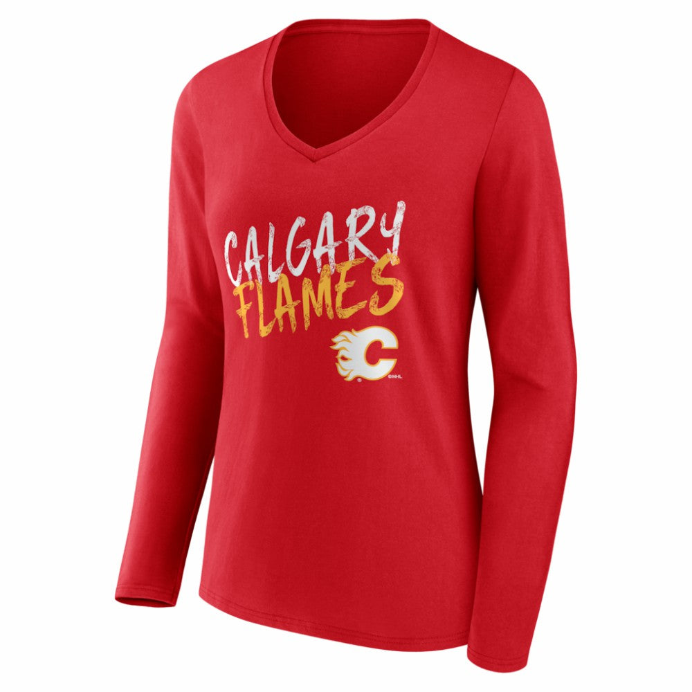 Calgary Flames Women's Hustle Personalized Name & Number Long Sleeve V-Neck T-Shirt - Red | NHL on sale