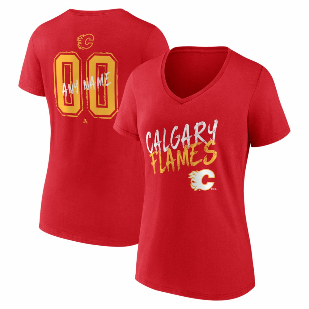 Calgary Flames Women's Hustle Personalized Name & Number V-Neck T-Shirt - Red | NHL Lifestyle