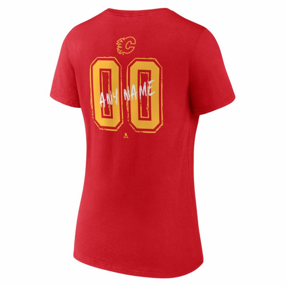 Calgary Flames Women's Hustle Personalized Name & Number V-Neck T-Shirt - Red | NHL Lifestyle