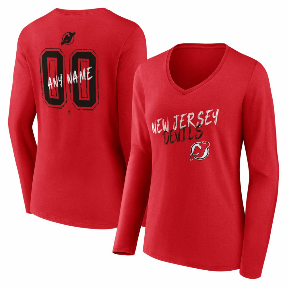 New Jersey Devils Women's Hustle Personalized Name & Number Long Sleeve V-Neck T-Shirt - Red | NHL Clearance