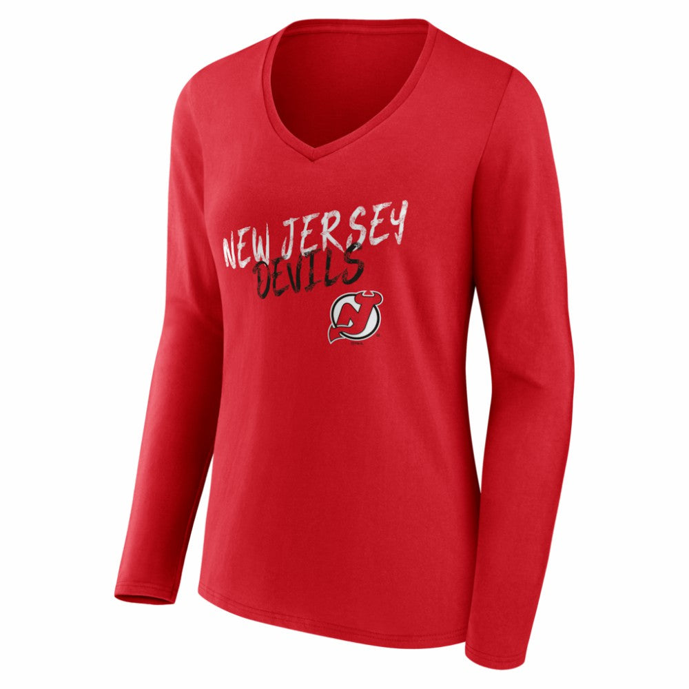 New Jersey Devils Women's Hustle Personalized Name & Number Long Sleeve V-Neck T-Shirt - Red | NHL Clearance