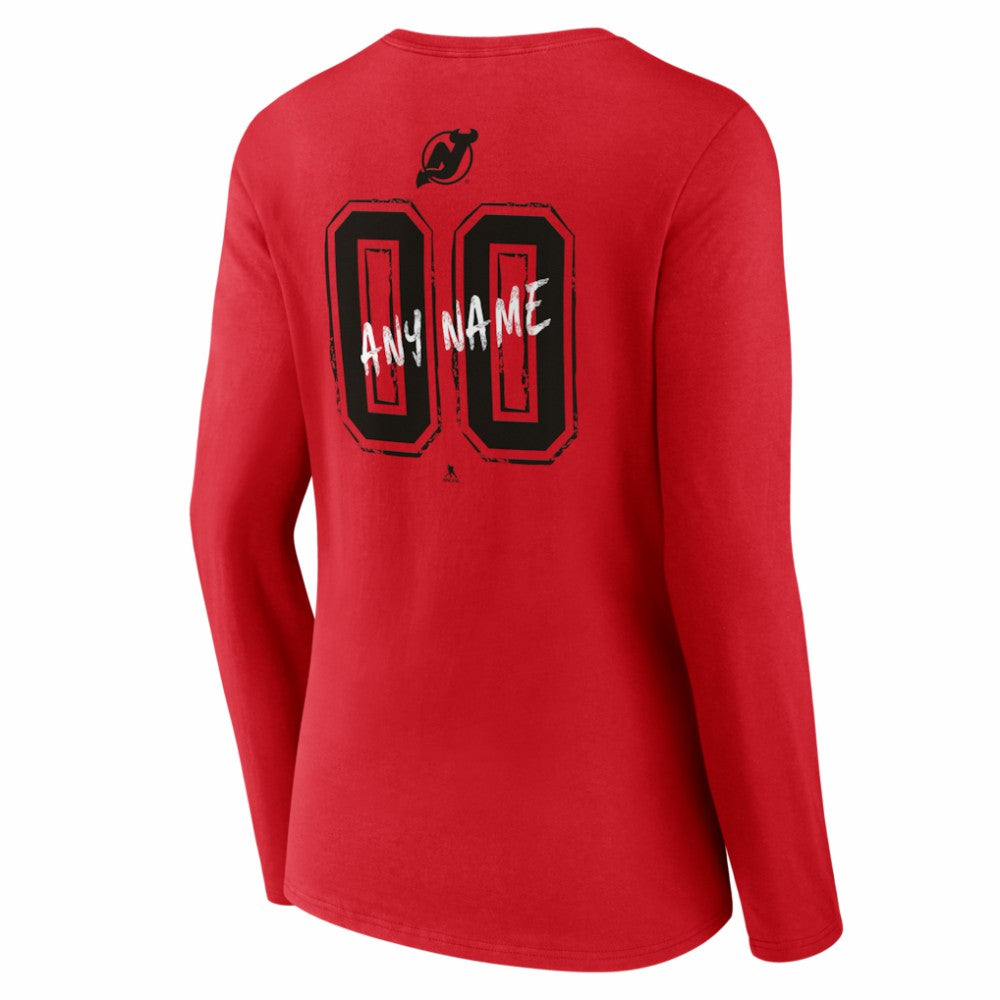 New Jersey Devils Women's Hustle Personalized Name & Number Long Sleeve V-Neck T-Shirt - Red | NHL Clearance