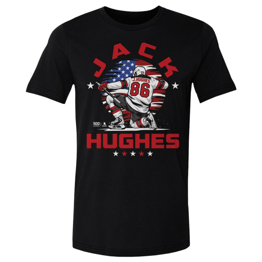 Jack Hughes US Men's Hockey 500 Level Flag T-Shirt - Black | NHL on sale