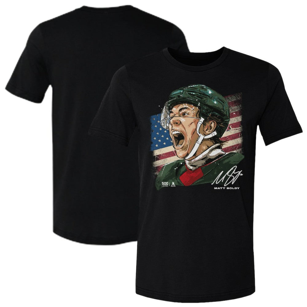 Matthew Boldy US Men's Hockey 500 Level Flag T-Shirt - Black | NHL Lifestyle