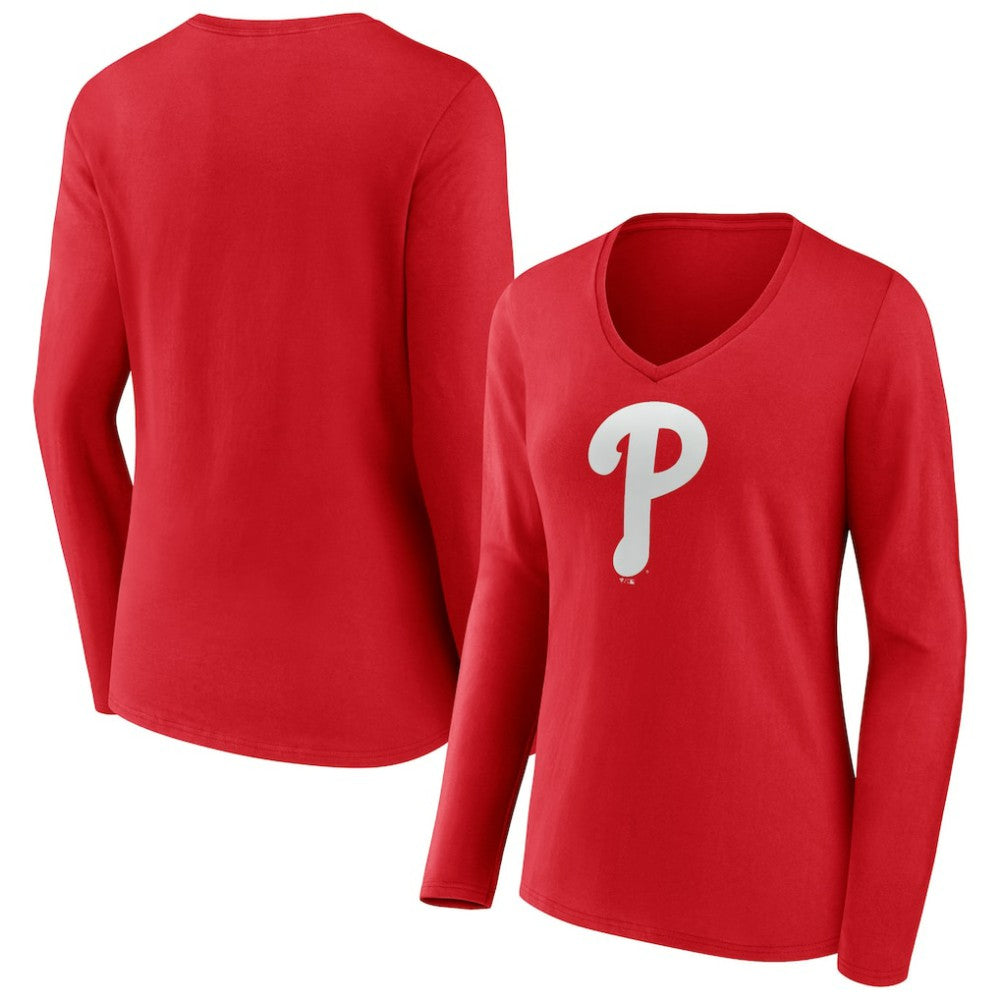 Philadelphia Phillies Women's Team Color Primary Logo V-Neck Long Sleeve T-Shirt Outlet