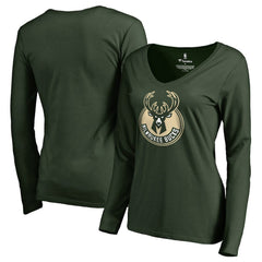 Milwaukee Bucks Women's Primary Logo V-Neck Long Sleeve T-Shirt Green