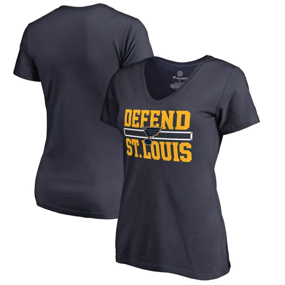 St. Louis Blues Women's Hometown Collection Defend V-Neck T-Shirt - Navy | NHL on sale