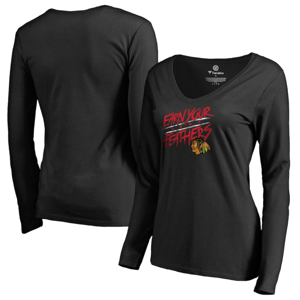 Chicago Blackhawks Women's Hometown Collection Earn Your Feathers Long Sleeve T-Shirt - Black | NHL on sale