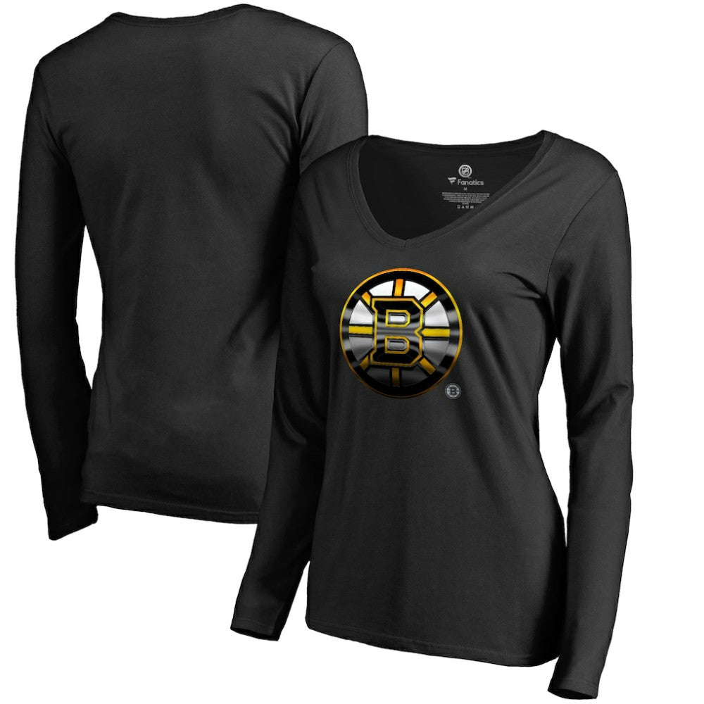 Boston Bruins Women's Midnight Mascot Long Sleeve V-Neck T-Shirt - Black | NHL Lifestyle
