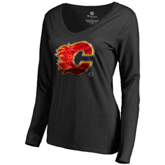Calgary Flames Women's Midnight Mascot Long Sleeve V-Neck T-Shirt - Black | NHL Lifestyle