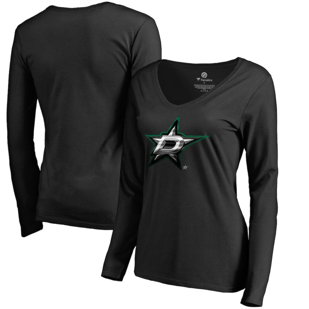 Dallas Stars Women's Midnight Mascot Long Sleeve V-Neck T-Shirt - Black | NHL Lifestyle