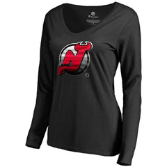New Jersey Devils Women's Midnight Mascot Long Sleeve V-Neck T-Shirt - Black | NHL Lifestyle