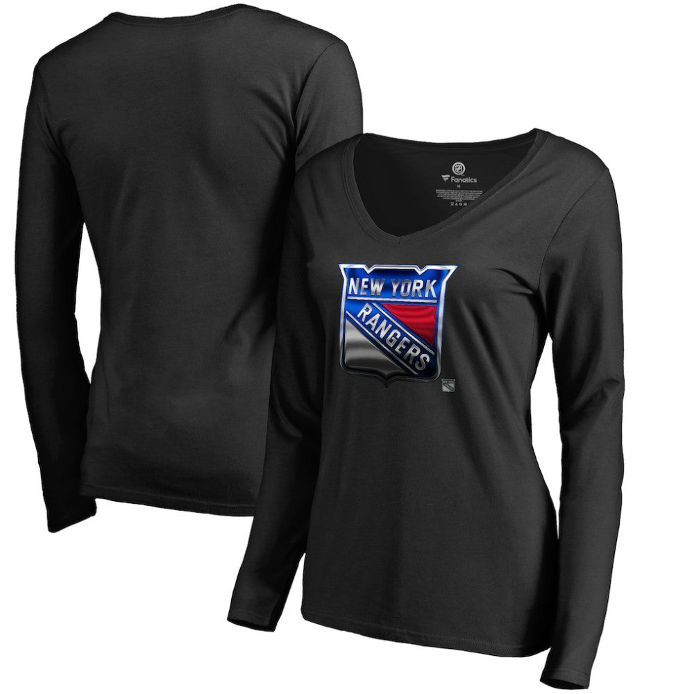 New York Rangers Women's Midnight Mascot Long Sleeve V-Neck T-Shirt - Black | NHL sale