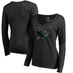 San Jose Sharks Women's Midnight Mascot Long Sleeve V-Neck T-Shirt - Black | NHL near me