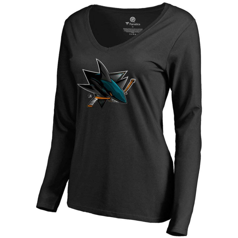 San Jose Sharks Women's Midnight Mascot Long Sleeve V-Neck T-Shirt - Black | NHL near me