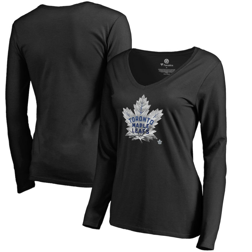 Toronto Maple Leafs Women's Midnight Mascot Long Sleeve V-Neck T-Shirt - Black | NHL Lifestyle