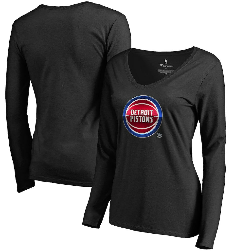 Detroit Pistons Women's Midnight Mascot Long Sleeve V-Neck T-Shirt Black
