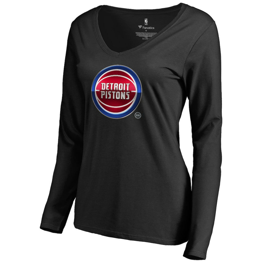 Detroit Pistons Women's Midnight Mascot Long Sleeve V-Neck T-Shirt Black