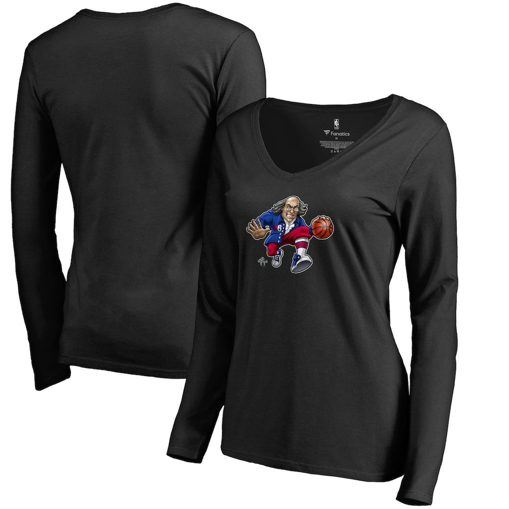 Philadelphia 76ers Women's Midnight Mascot Long Sleeve V-Neck T-Shirt Black