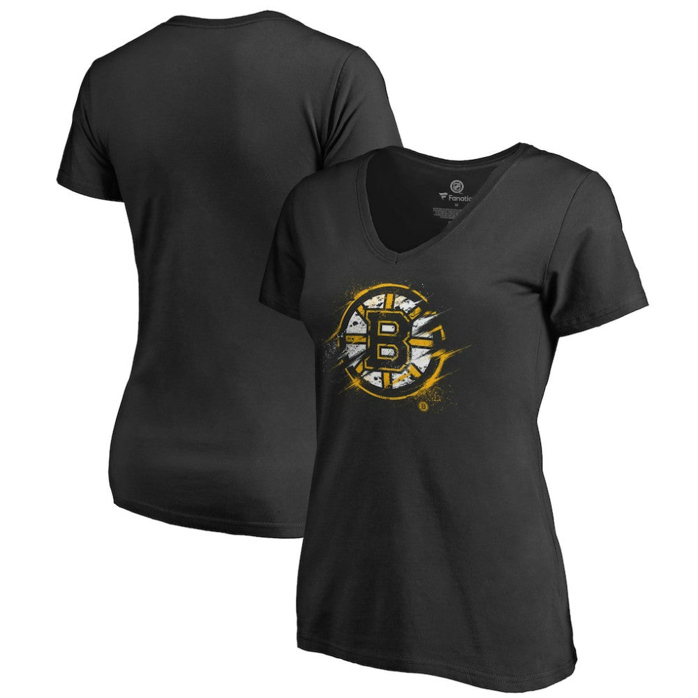 Boston Bruins Women's Splatter Logo V-Neck T-Shirt - Black | NHL Clearance